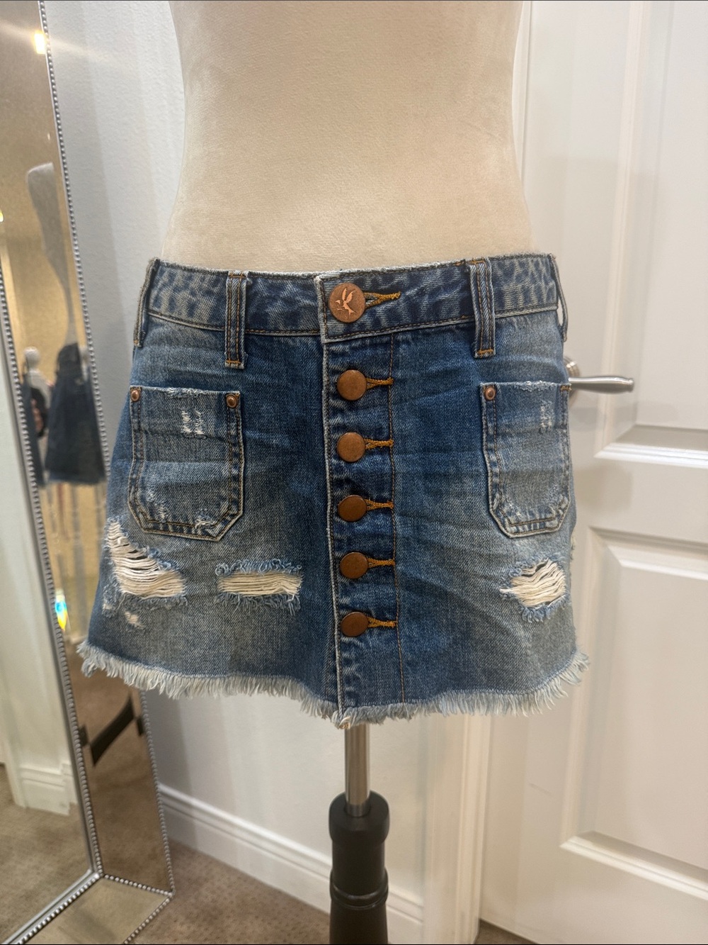 One Teaspoon Distressed Button-Front Denim Mini Skirt - Blue